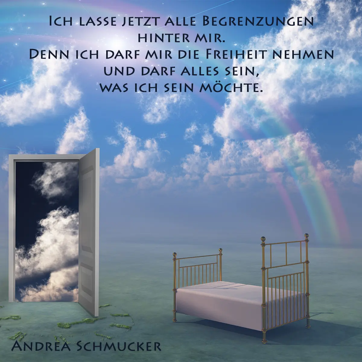 Inspirierendes Bild von Andrea Schmucker zum Thema Begrenzungen loslassen – eine geöffnete Tür zum Himmel symbolisiert die innere Freiheit, alte Begrenzungen hinter sich zu lassen und dem eigenen Seelenweg zu folgen. Spirituelle Transformation, Freiheit und Selbstermächtigung im Einklang mit der Seelenführung.